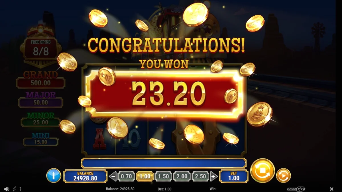 Tampilan visual slot Track’n Gold dengan tema kereta uap dan latar belakang gurun